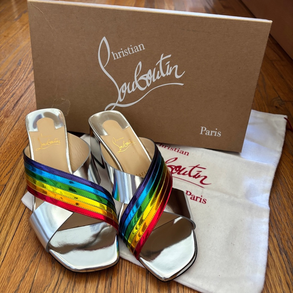 Christian Louboutin Arkenmule Silver Rainbow 55 Heel Sandals | size 38.5